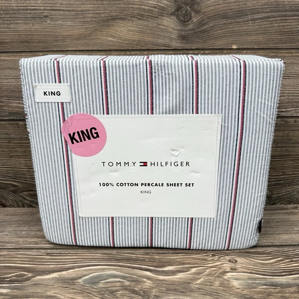 Tommy Hilfiger Ithaca Stripe KING Sheet Set 100% Cotton White Blue Red NEW